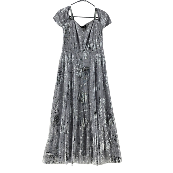 Candalite Women's Silver Off-The-Shoulder Metallic Prom Dress - Picture 1 of 4
